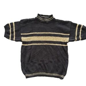 Vintage Shenanigans Knit Sweater Ramie Womens Medium Black Gold Striped Metallic